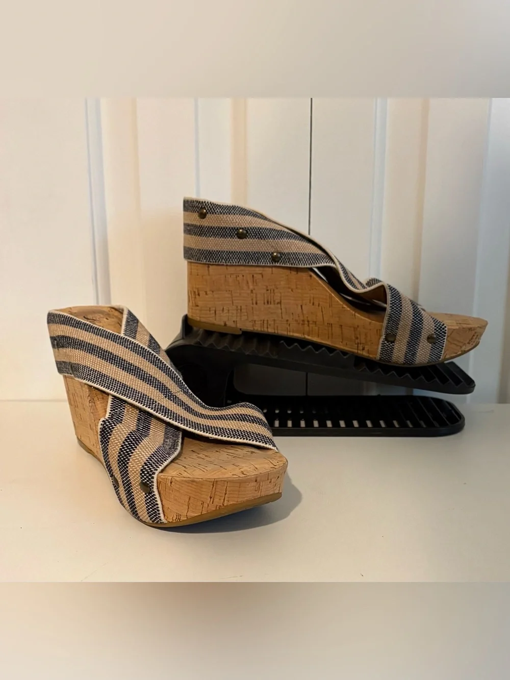 LUCKY BRAND Striped Cork Wedge Slide Sandals - Navy/Tan